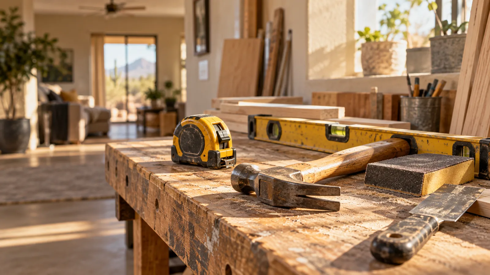Illustrative home repair tools on a workbench
