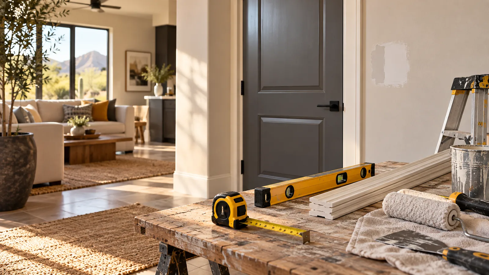 Illustrative home repair tools in a residential interior
